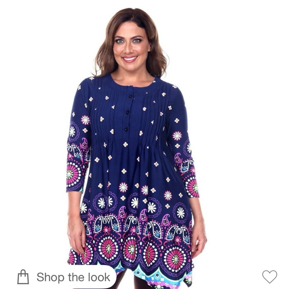 2XL Womens Plus Size 3/4 Sleeve Printed Lucy Tunic Top Blue - White Mark